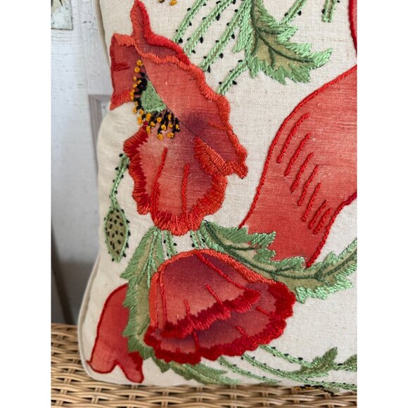 Vintage MCM Accent Pillow Linen Embroidered Red Poppy Flowers Bow 17x17" - Picture 3 of 11